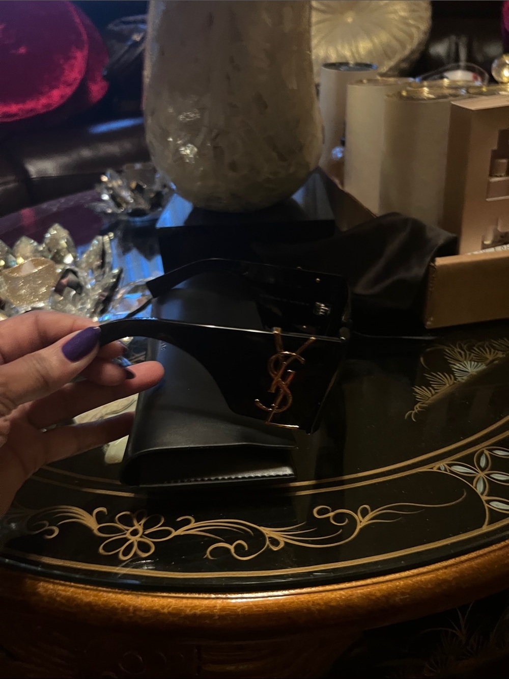 Yves Saint Laurent Black Shield Sunglasses with Gold YSL Logo